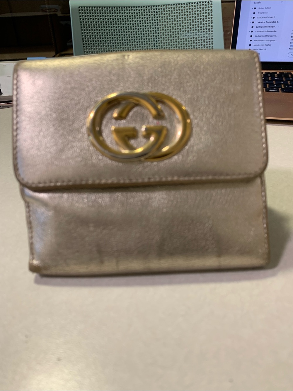 Gucci Gg Britt Compact Wallet Metallic Gold Leather